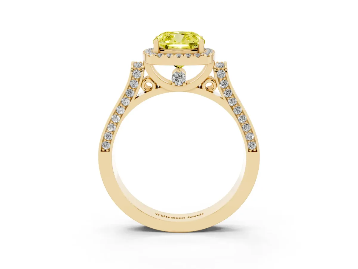 Fancy Yellow Cushion Cut Halo Pave Split Shank Prong Setting Ring Yellow gold