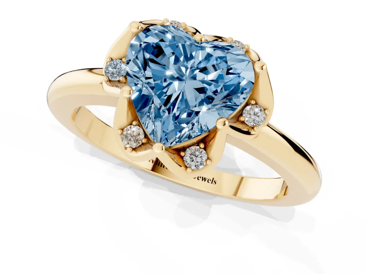 Fancy Blue Heart Cut Halo Diamond Ring with Round Cluster Setting, Solitaire Band, and Four-Prong Setting Yellow gold