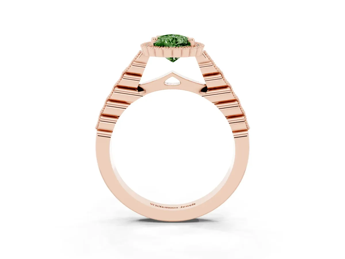 Fancy Green Pear Cut Cut Halo Pavé Solitaire Ring with Milgrain Band Rose gold