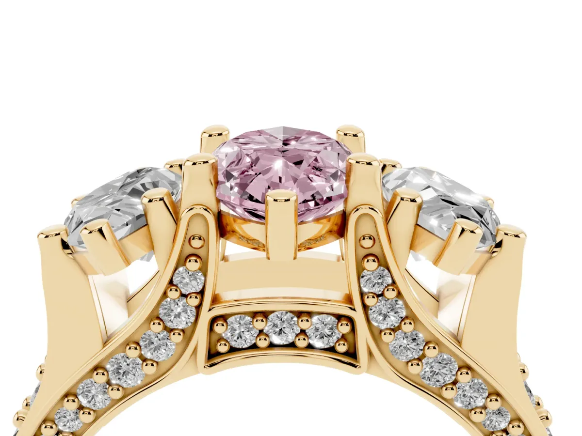 Fancy Pink Marquise Cut Diamond Three-Stone Ring with Channel Set Band and Four-Prong Setting Yellow gold
