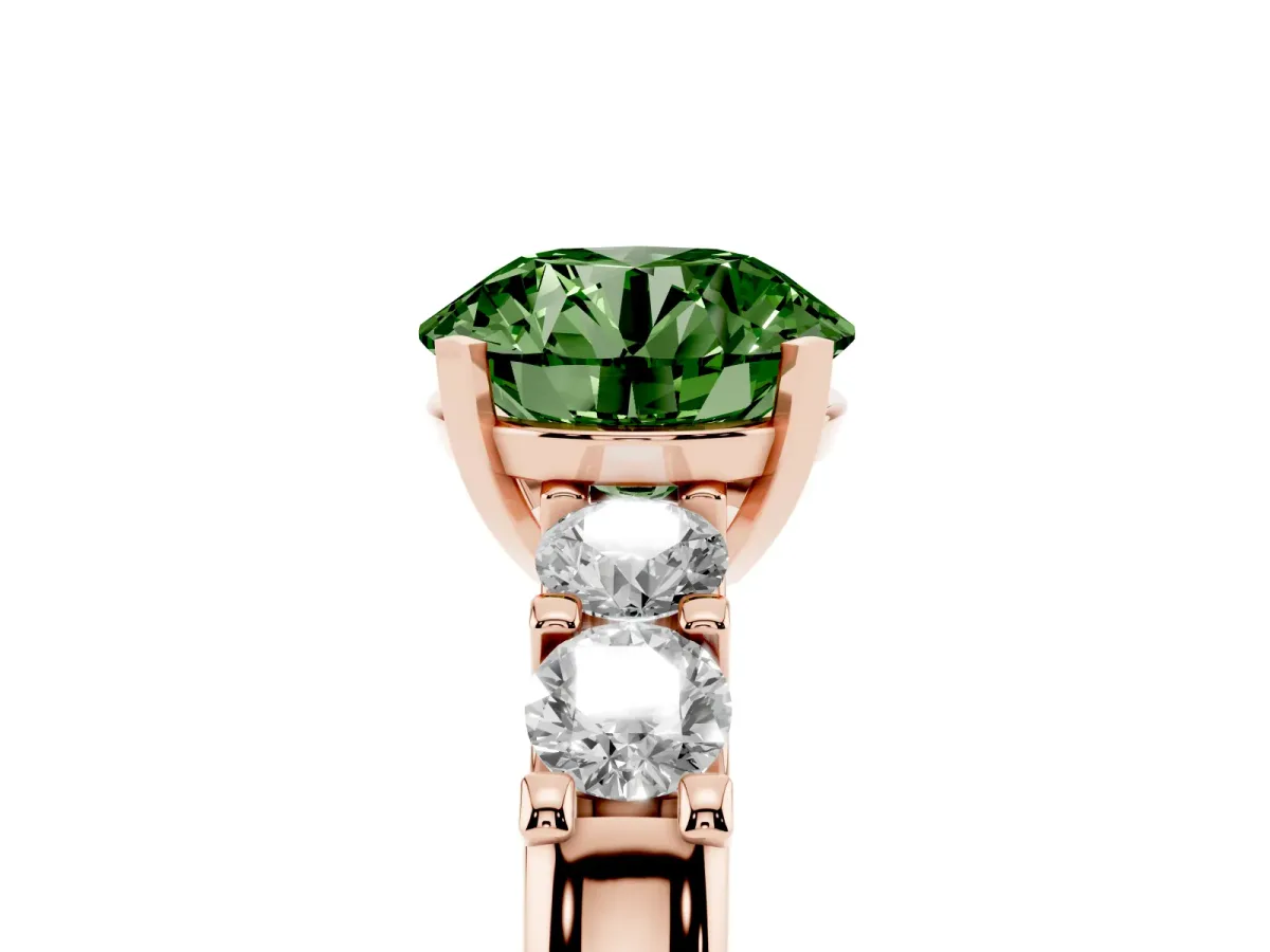 Fancy Green Round Cut Brilliant Cut Diamond Five-Stone Prong Set Engagement Ring with Channel Band Rose gold