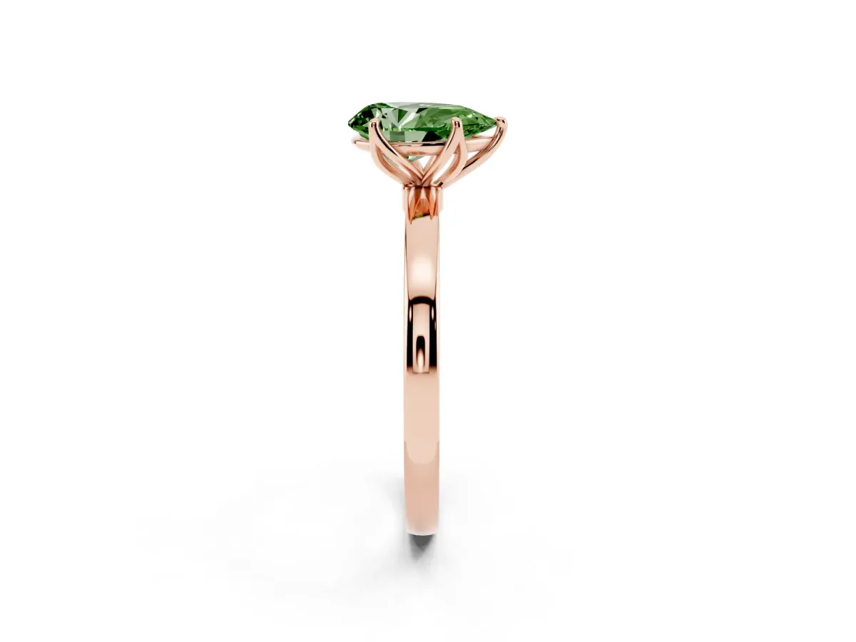 Fancy Green Pear Cut Diamond Solitaire Ring with Thin Band and Prong Setting Rose gold