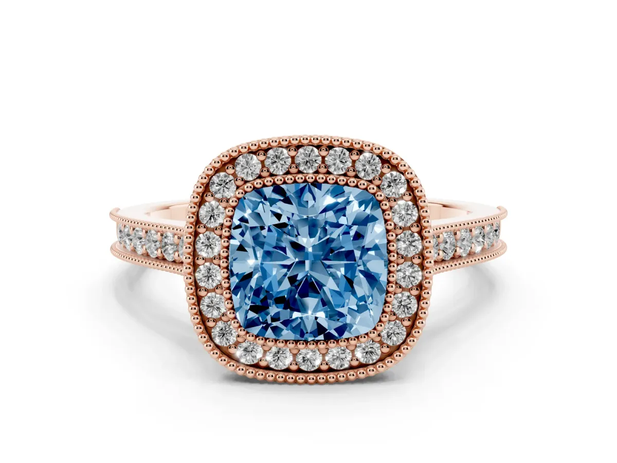 Fancy Blue Halo Cushion Cut-Cut Diamond Pave Band Milgrain Prong Setting Ring Rose gold