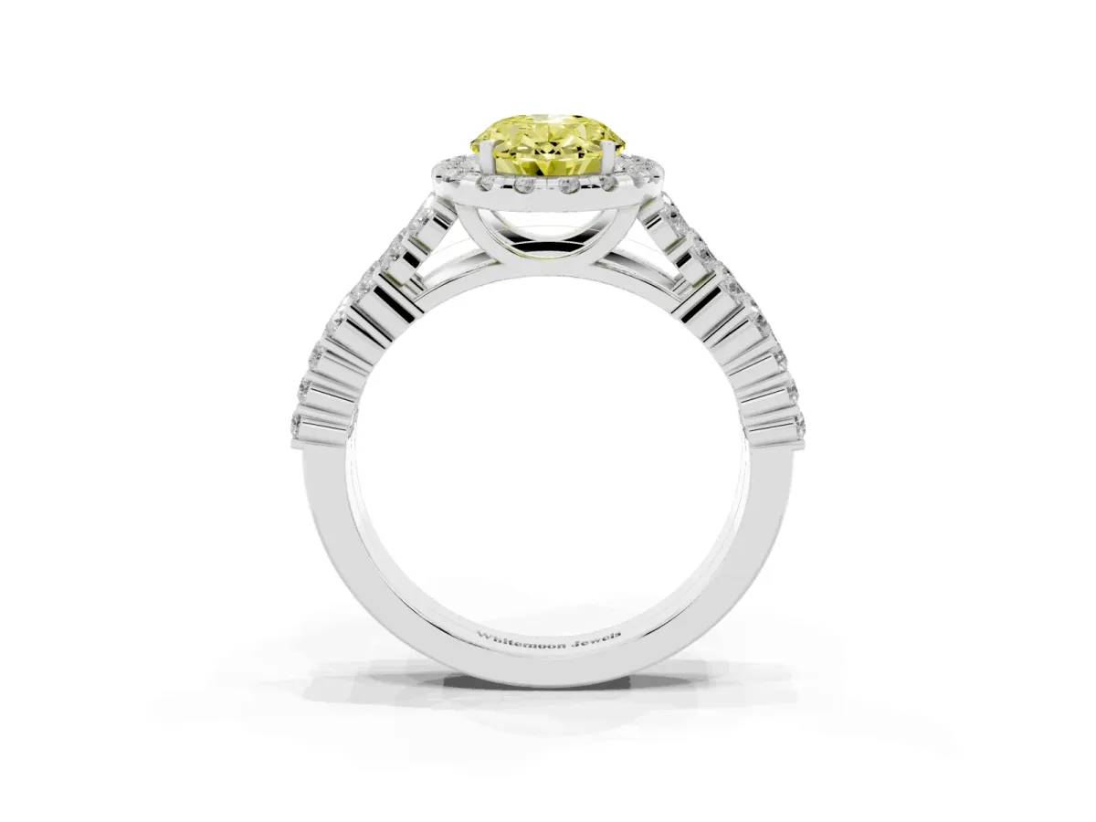 Fancy Yellow Oval Cut Diamond Halo Engagement Ring with Triple Row Round Pavé Band and Prong Setting Platinum