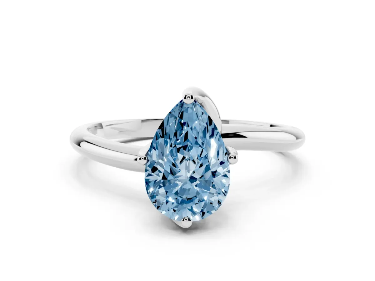 Fancy Blue Pear Cut Diamond Solitaire Engagement Ring with Four-Prong Setting and Classic Band Silver
