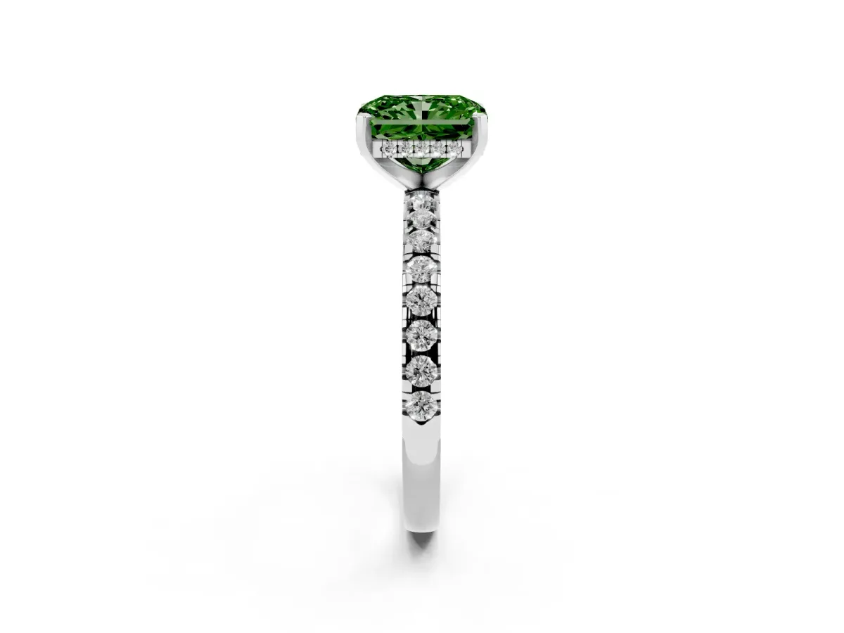Fancy Green Radiant Cut Diamond Solitaire Ring with Round Pavé Band and Four-Prong Setting Silver