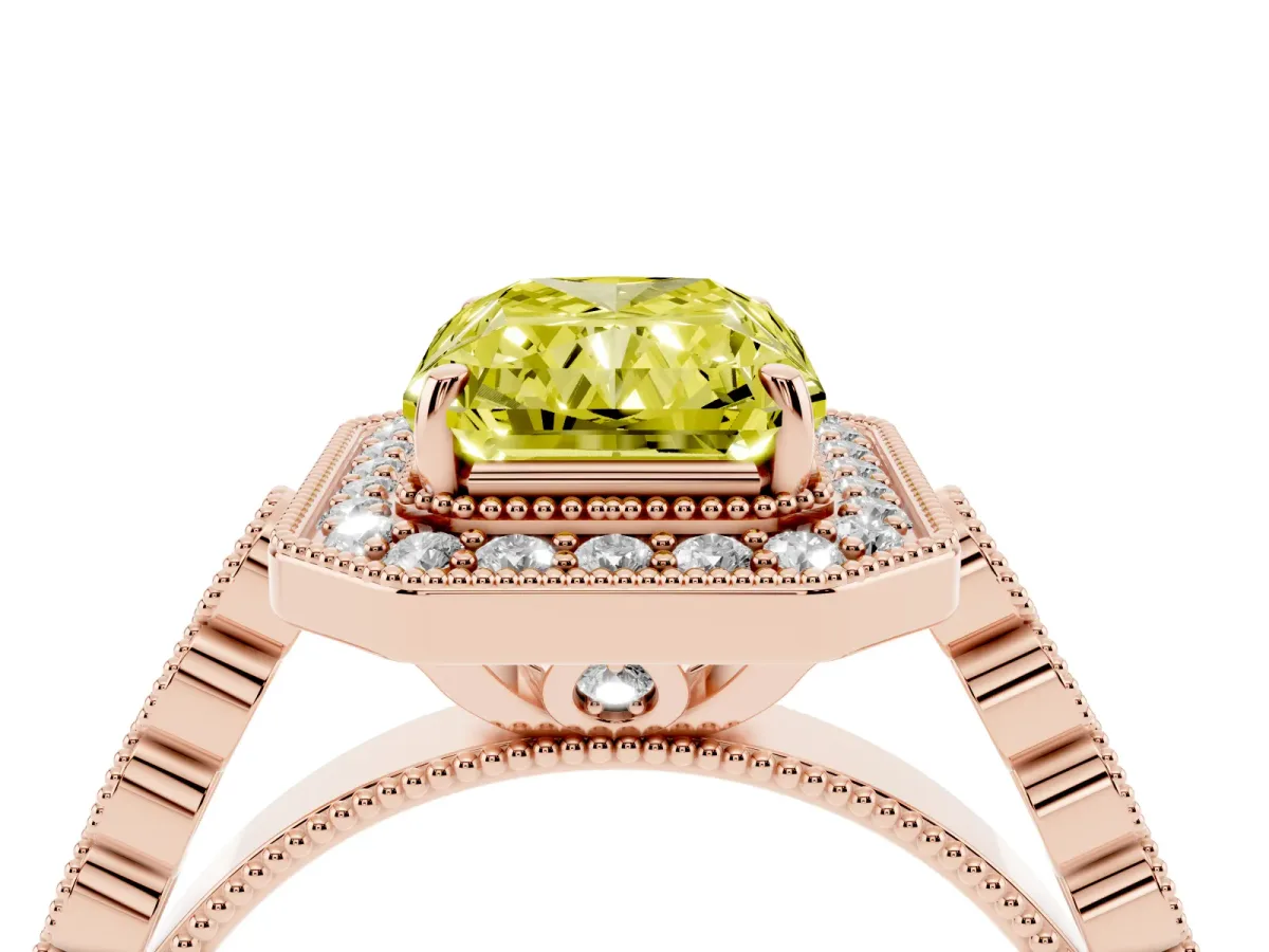 Fancy Yellow Radiant Cut Halo Milgrain Solitaire with Bezel Set Side Stones and Pave Band Rose gold