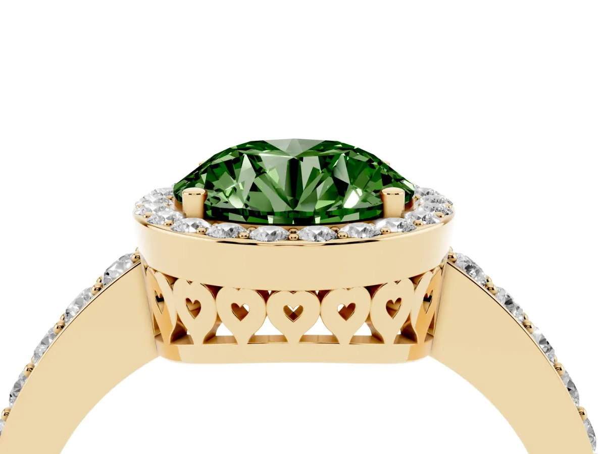 Fancy Green Round Cut Halo Diamond Pavé Band Ring with Prong Setting Yellow gold