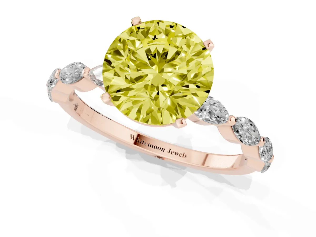 Fancy Yellow Round Cut Diamond Ring with Marquise Side Stones and Prong Setting Rose gold