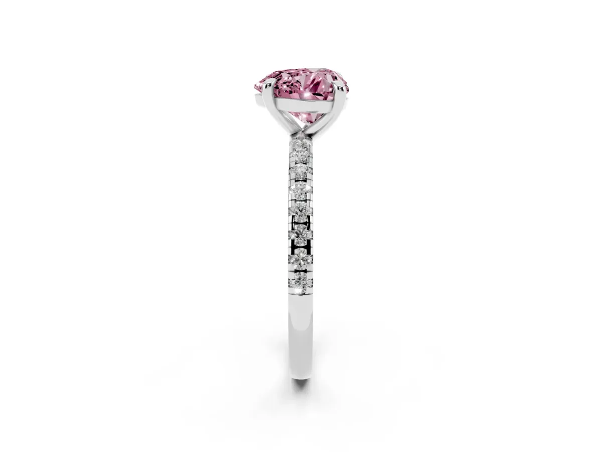 Fancy Pink Heart Cut Diamond Brilliant Solitaire Ring with Pavé Band and Four-Prong Setting Platinum