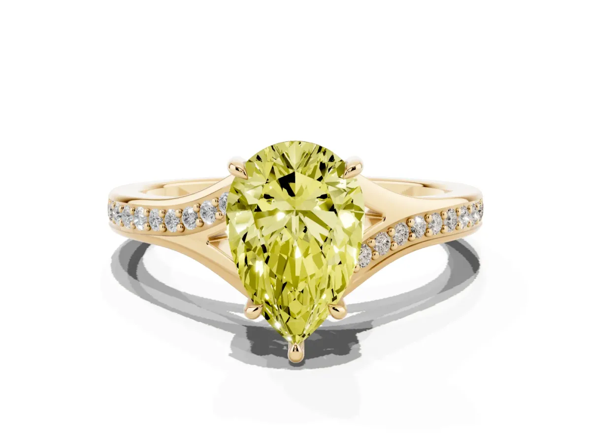Fancy Yellow Pear Cut Diamond Solitaire Ring with Pavé Band and Prong Setting Yellow gold