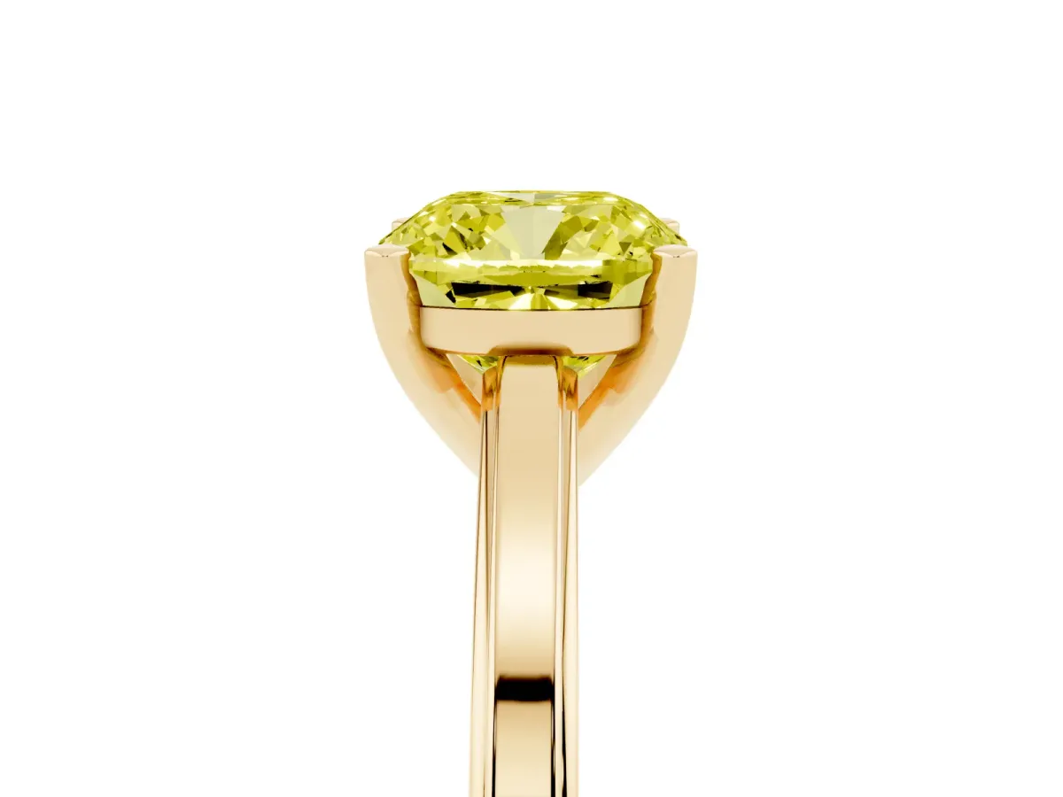 Fancy Yellow Cushion Cut Solitaire Diamond Ring with Four-Prong Setting and Classic Band Yellow gold