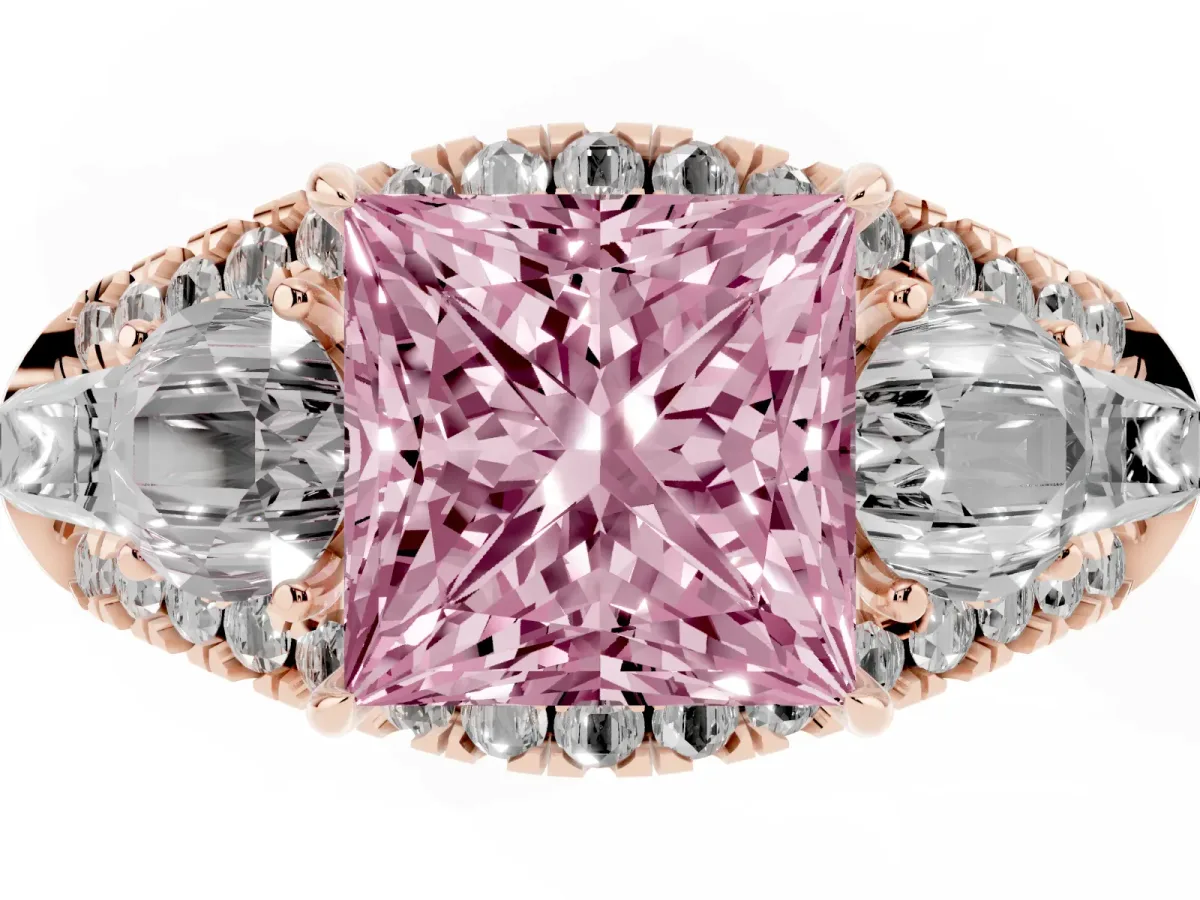 Fancy Pink Three-Stone Princess Cut Diamond Engagement Ring with Pave Band and Prong Setting Rose gold