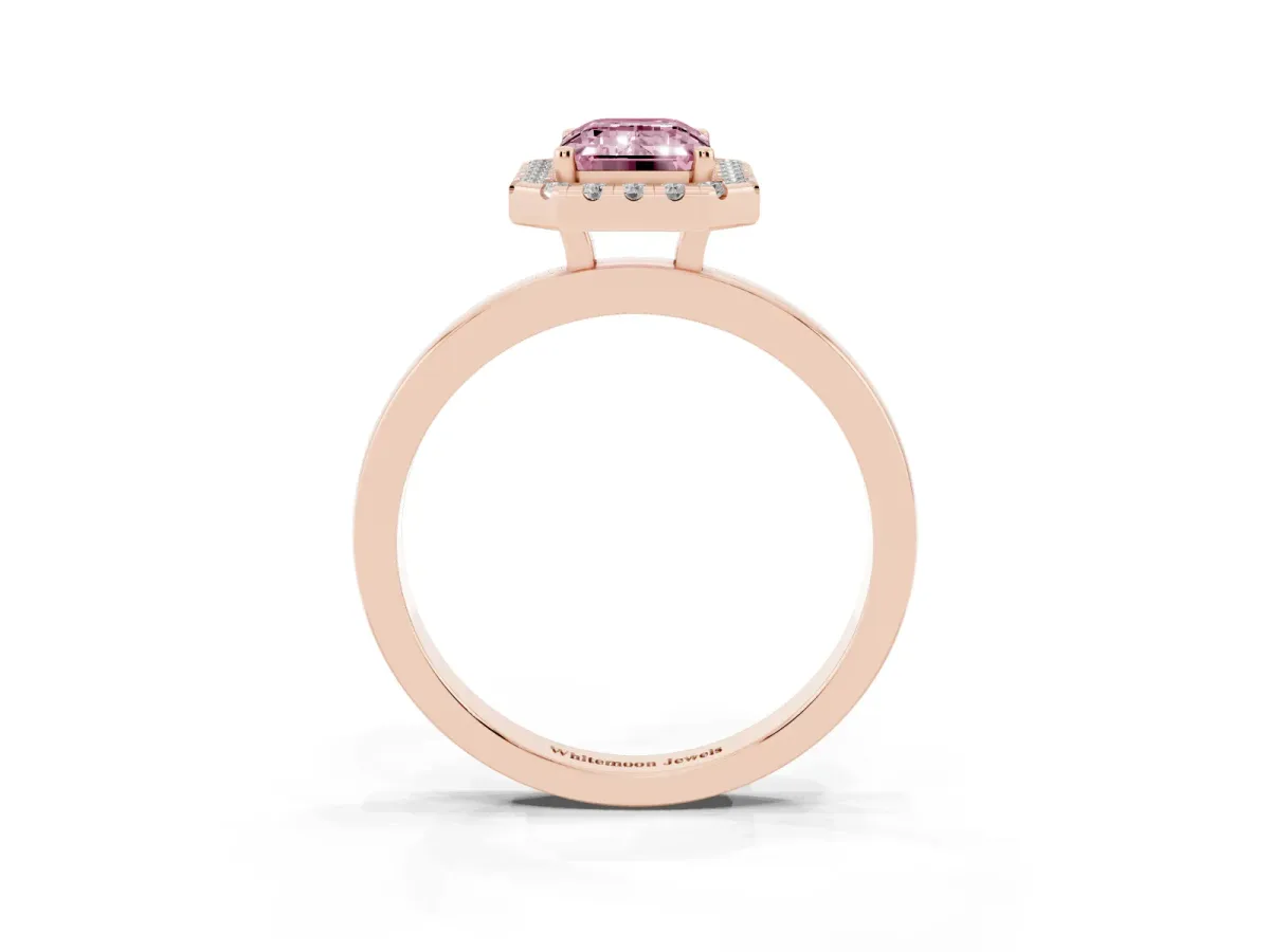 Fancy Pink Emerald Cut Halo Diamond Solitaire with Pavé Band and Four-Prong Setting Rose gold