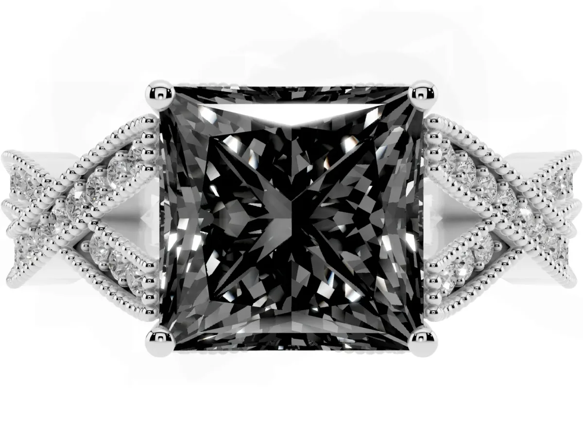 Fancy Black Princess Cut Cut Diamond Twisted Band with Milgrain Pave Setting and Four-Prong Setting Silver