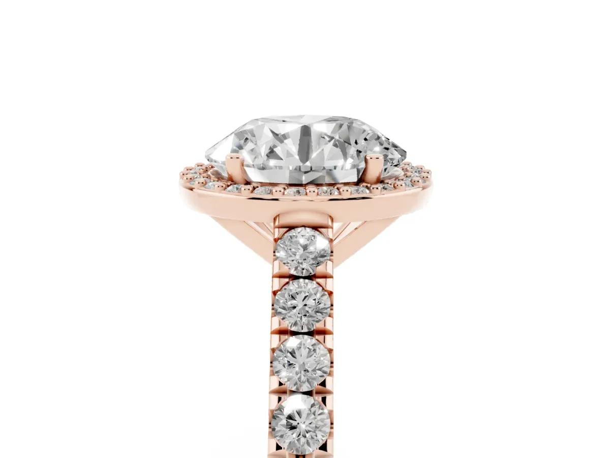 Round Cut Cut Halo Diamond Engagement Ring with Pave Band and Four-Prong Setting Rose gold