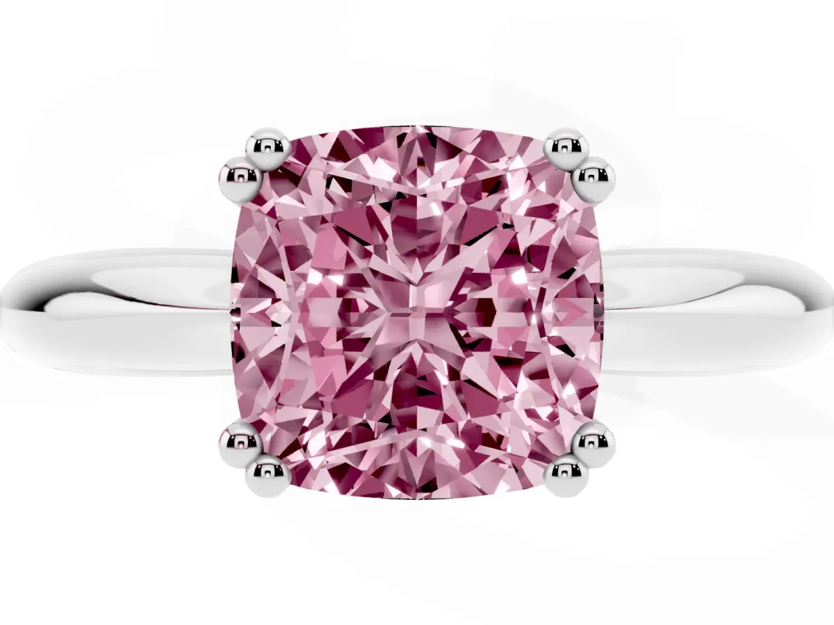 Fancy Pink Cushion Cut Cut Solitaire Engagement Ring with Tapered Band and Four-Prong Setting Silver