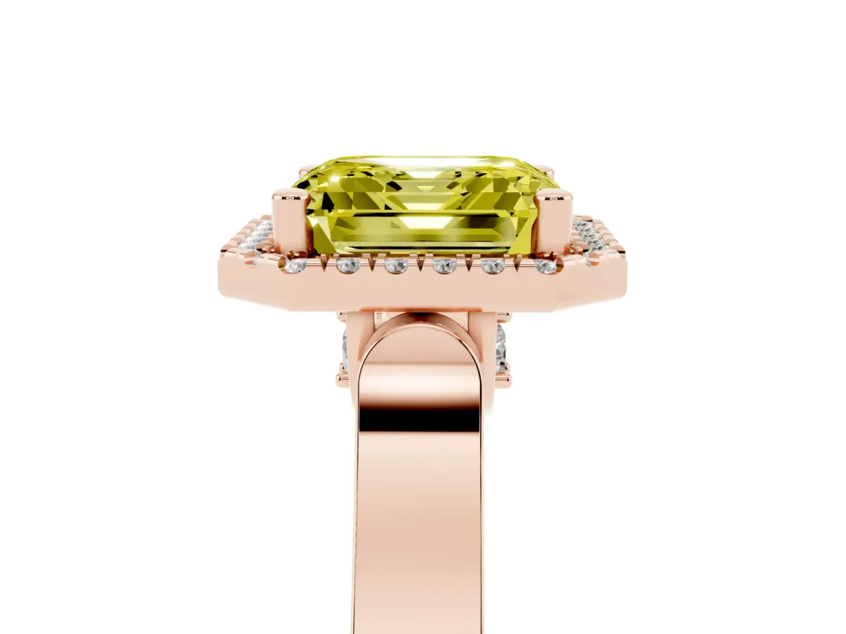 Fancy Yellow Asscher Cut Halo Pave Split Shank Prong Setting Ring Rose gold