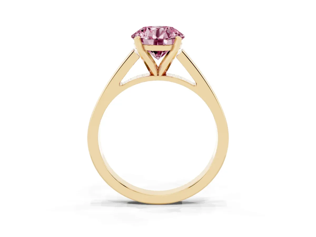 Fancy Pink Round Cut Solitaire Engagement Ring with Four-Prong Setting and Tapered Band Yellow gold