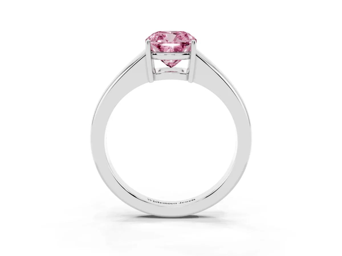 Fancy Pink Cushion Cut Solitaire Diamond Ring with Tapered Band and Four-Prong Setting Silver