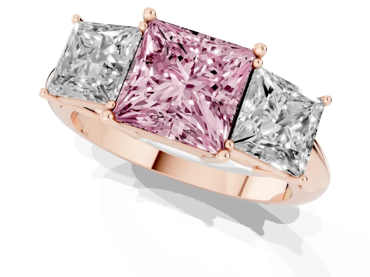 Fancy Pink Three-Stone Princess Cut Cut Diamond Engagement Ring with Prong Setting on a White Gold Band Rose gold