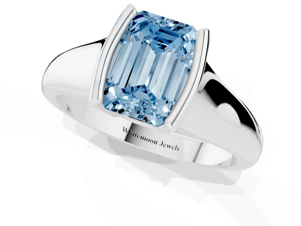 Fancy Blue Emerald Cut Solitaire Tension Set Diamond Ring with Split Shank Band Silver