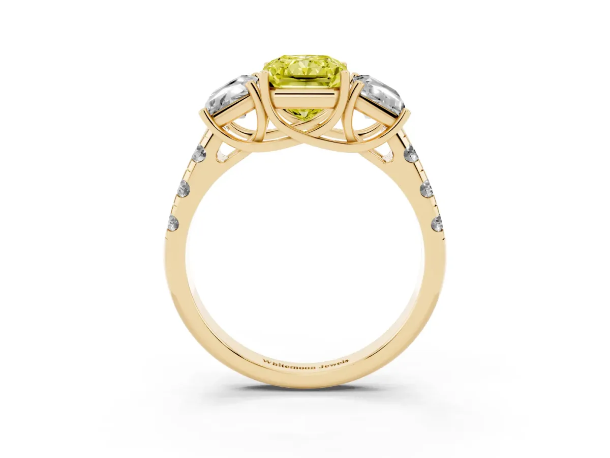 Fancy Yellow Three-Stone Radiant Cut Diamond Pavé Band with Prong Setting Yellow gold