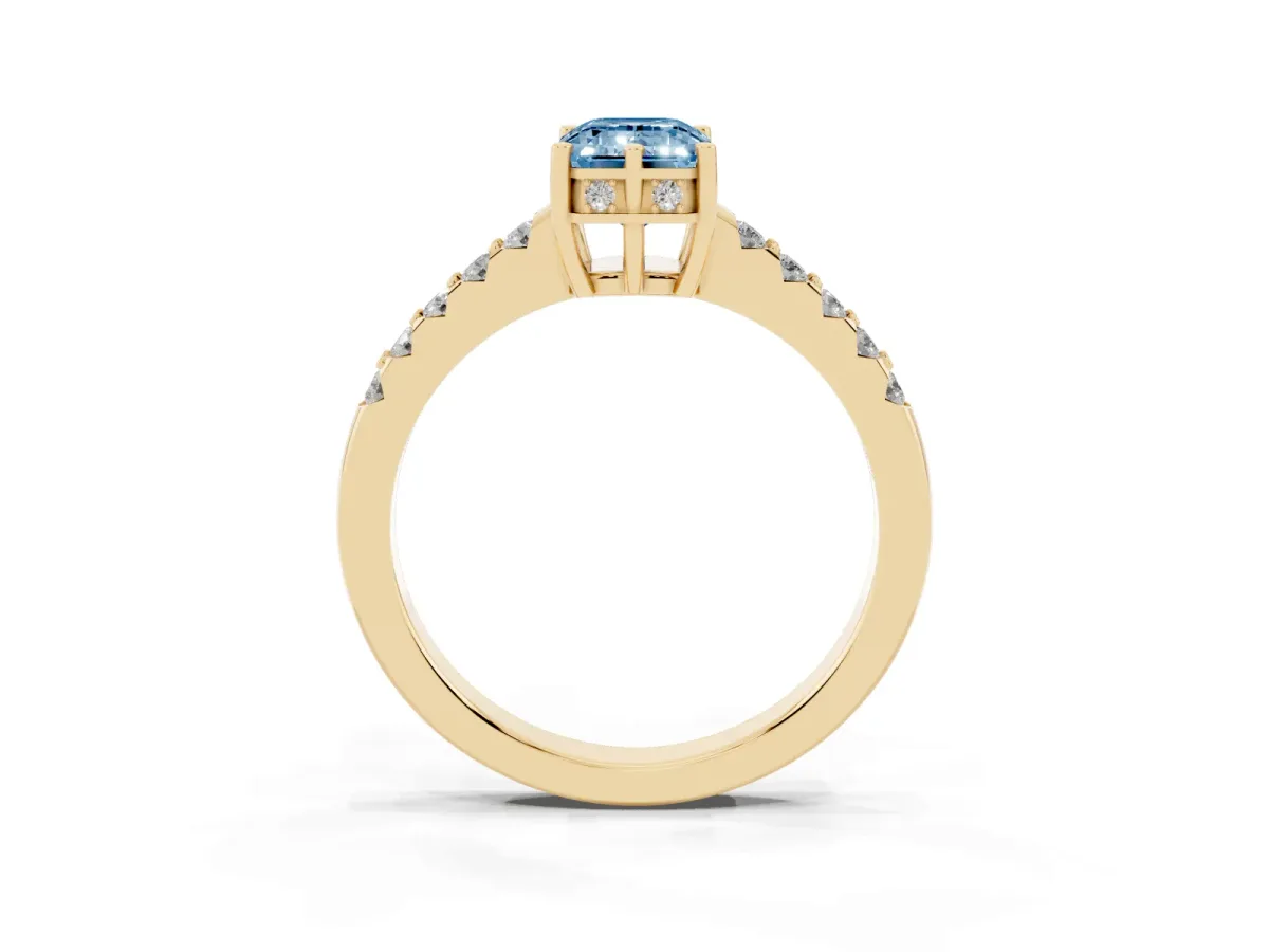 Fancy Blue Emerald Cut Solitaire Diamond Engagement Ring with Pavé Band and Six-Prong Setting Yellow gold