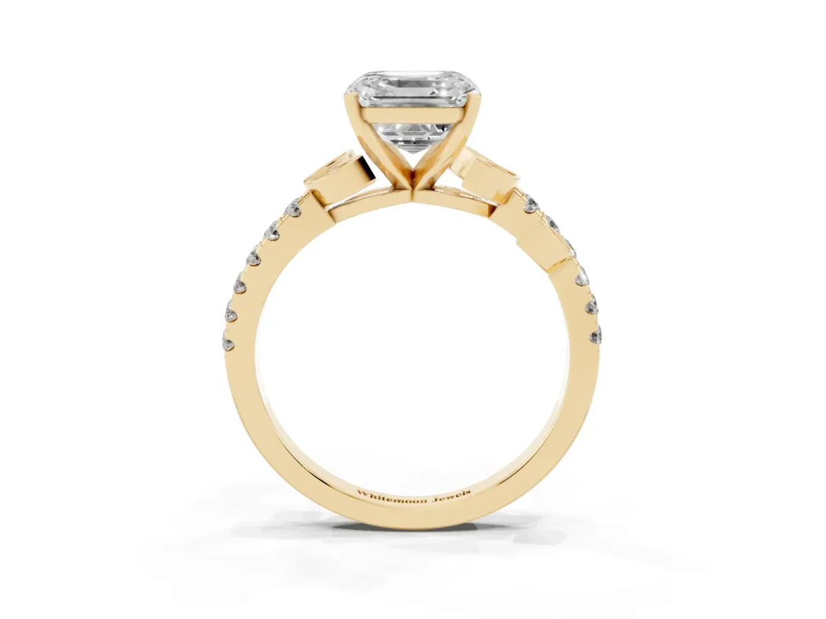 Asscher Cut Solitaire Leaf-Inspired Diamond Ring with Pavé Band and Four-Prong Setting Yellow gold