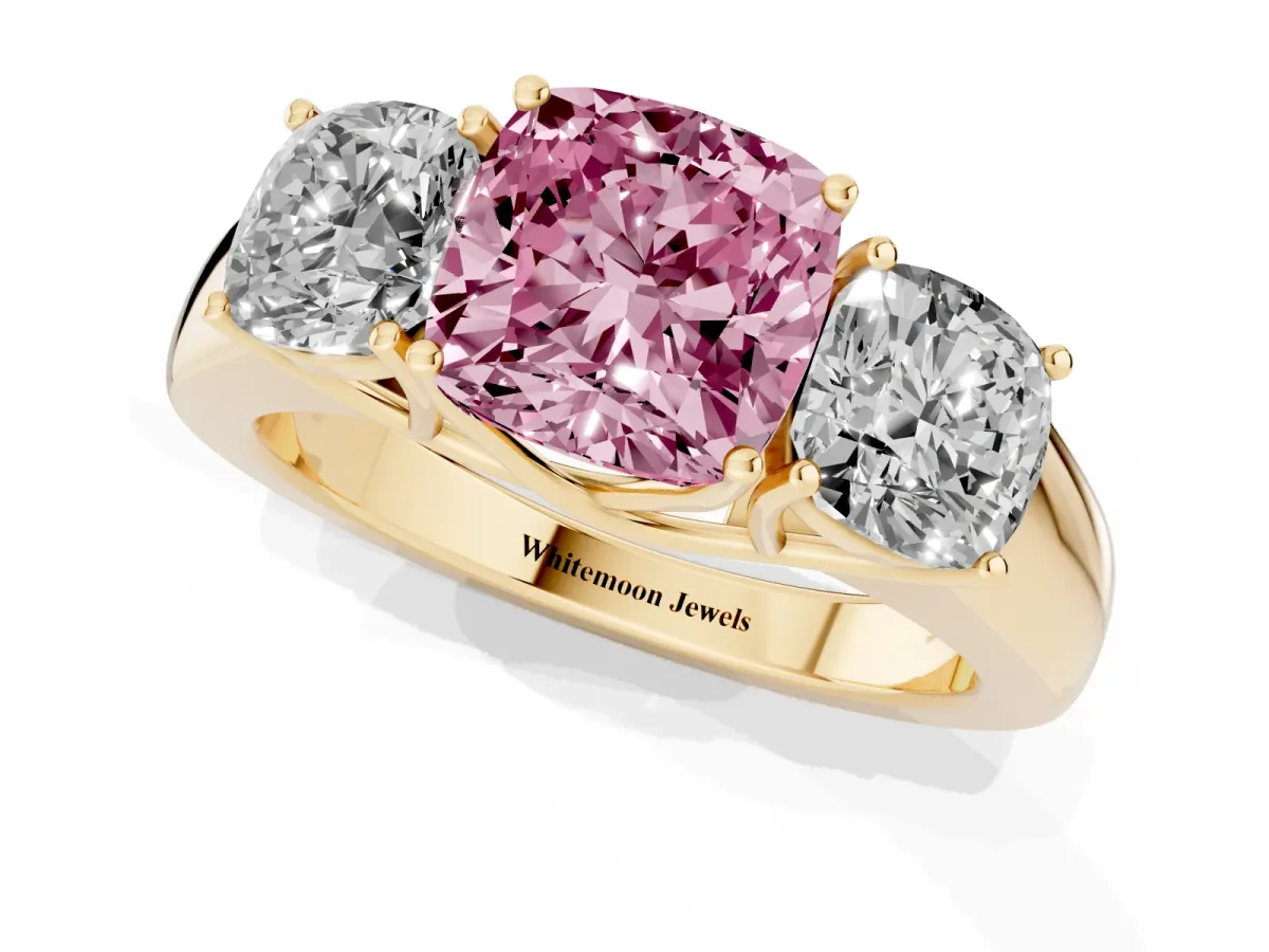 Fancy Pink Three-Stone Cushion Cut Cut Diamond Ring with Prong Setting and Classic Band Yellow gold