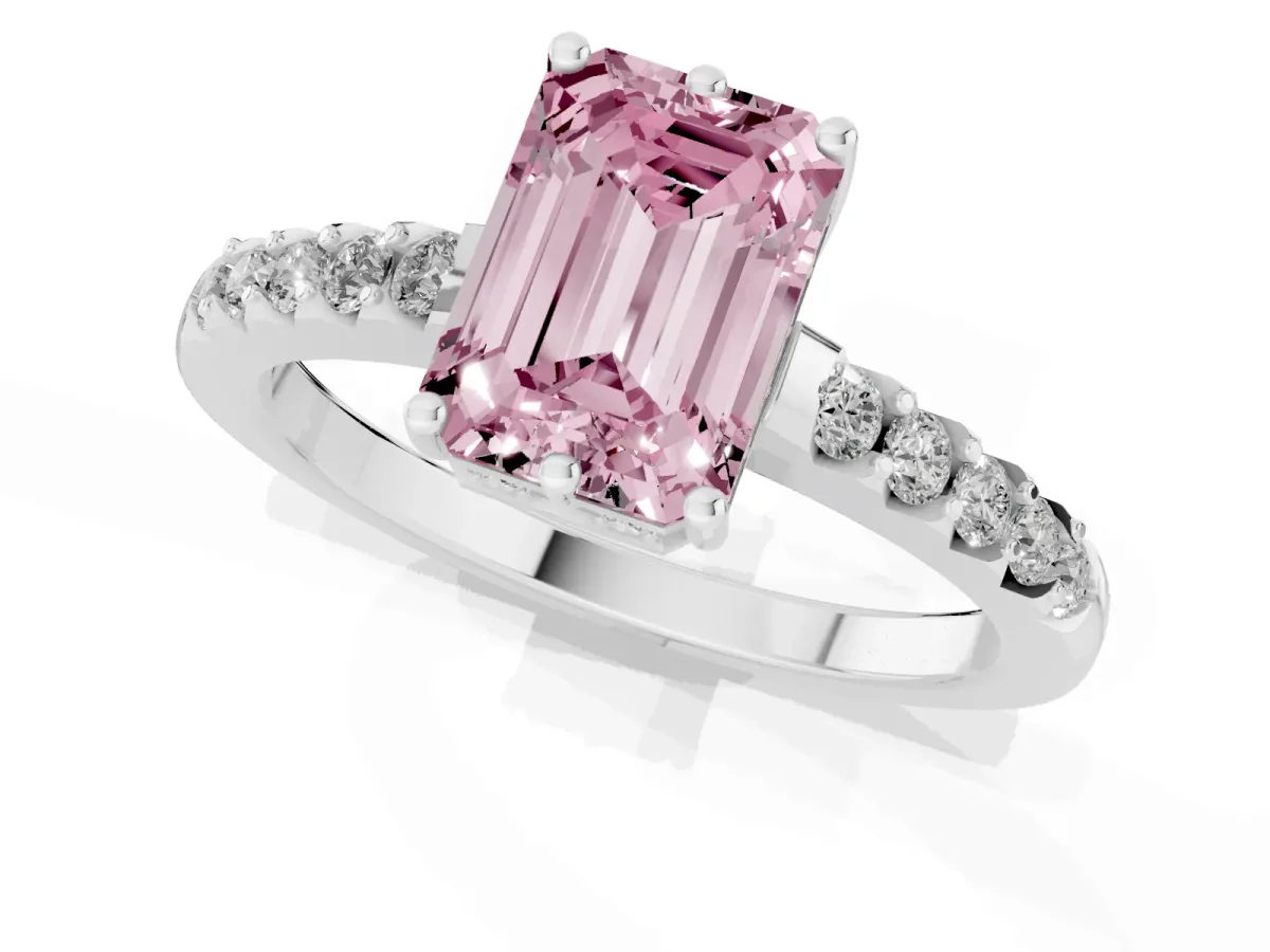 Fancy Pink Emerald Cut Solitaire Diamond Engagement Ring with Pavé Band and Six-Prong Setting Platinum