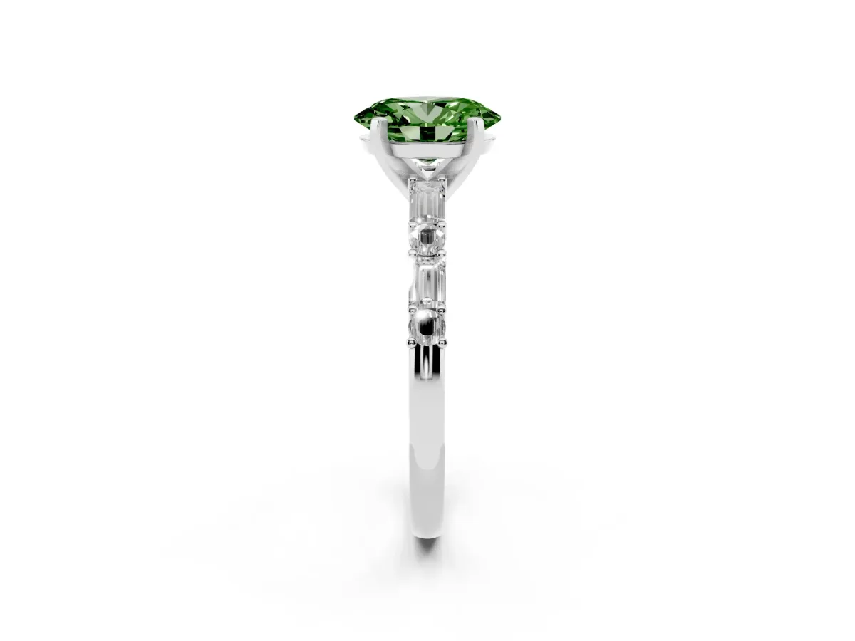Fancy Green Oval Cut Diamond Solitaire with Side Baguettes and Channel Set Band Silver