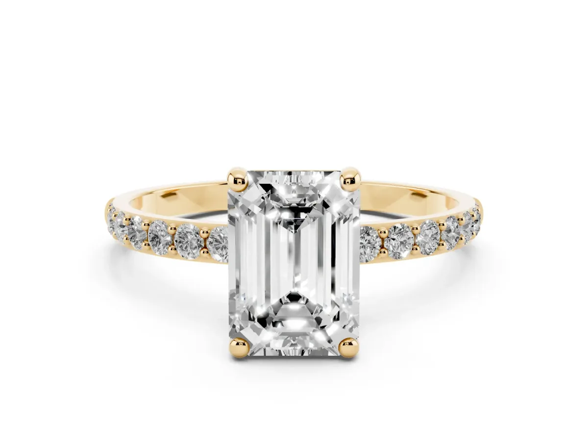 Emerald Cut Diamond Solitaire Ring with Round Pavé Band and Prong Setting Yellow gold