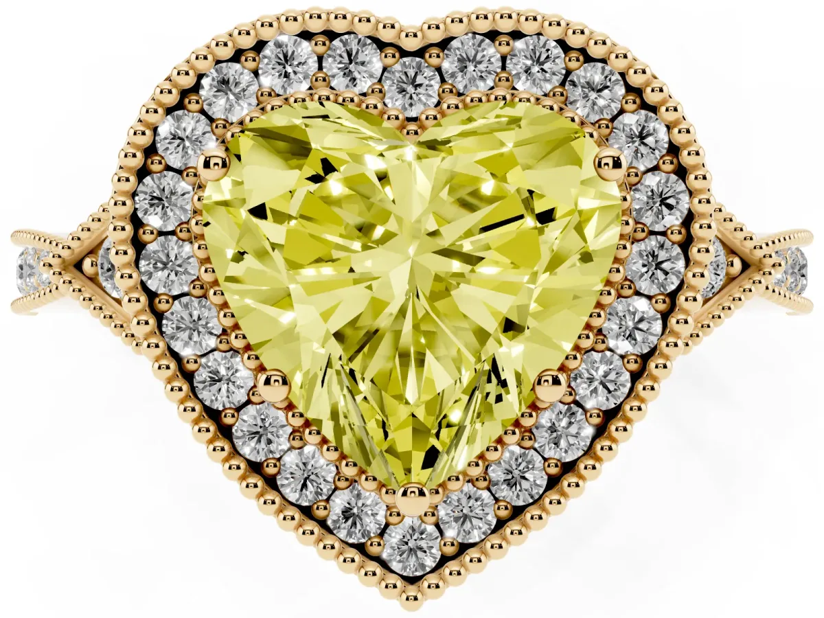 Fancy Yellow Heart Cut Halo Round Diamond Milgrain Pave Engagement Ring Yellow gold