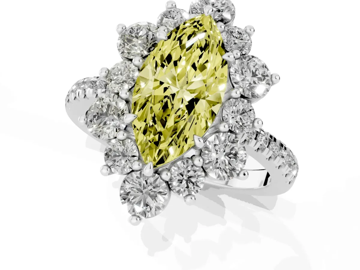 Fancy Yellow Marquise Cut Diamond Floral Halo Ring with Round Pavé Band and Prong Setting Silver