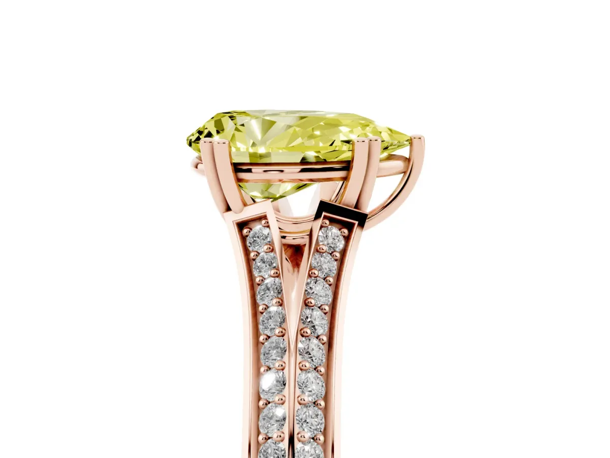 Fancy Yellow Pear Cut Diamond Split Shank Engagement Ring with Pavé Band Rose gold