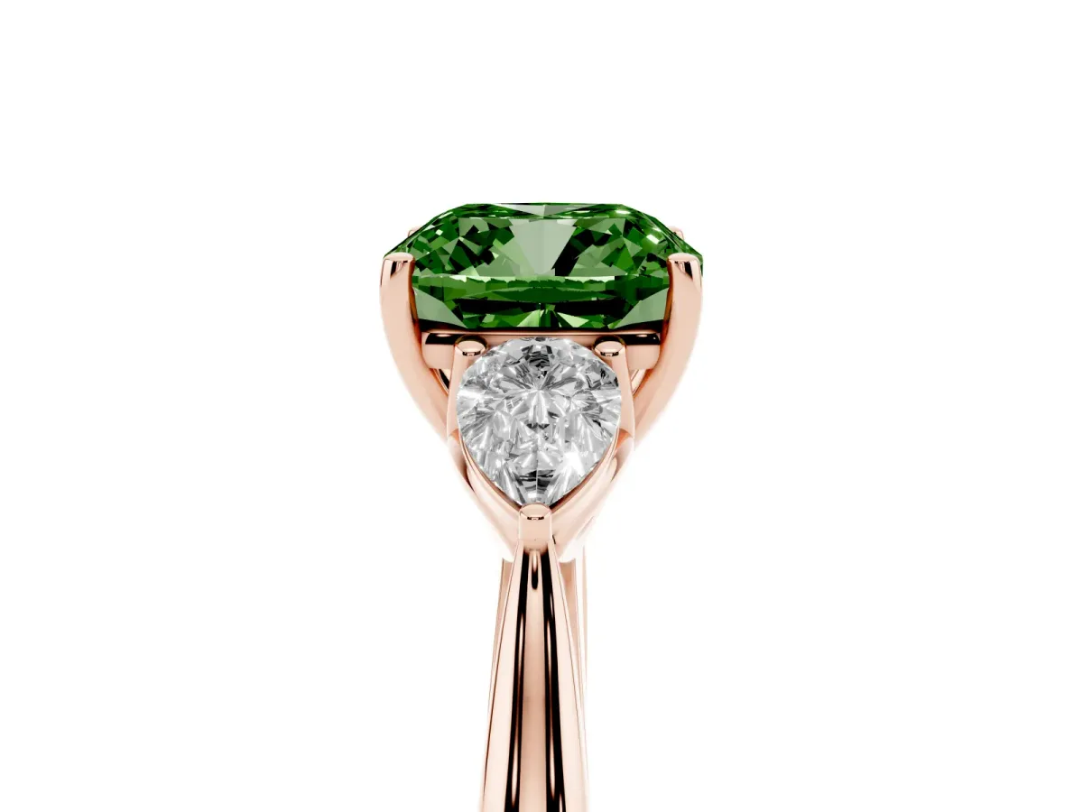 Fancy Green Three-Stone Cushion Cut Diamond Ring with Pear Side Stones in Four-Prong Setting Rose gold