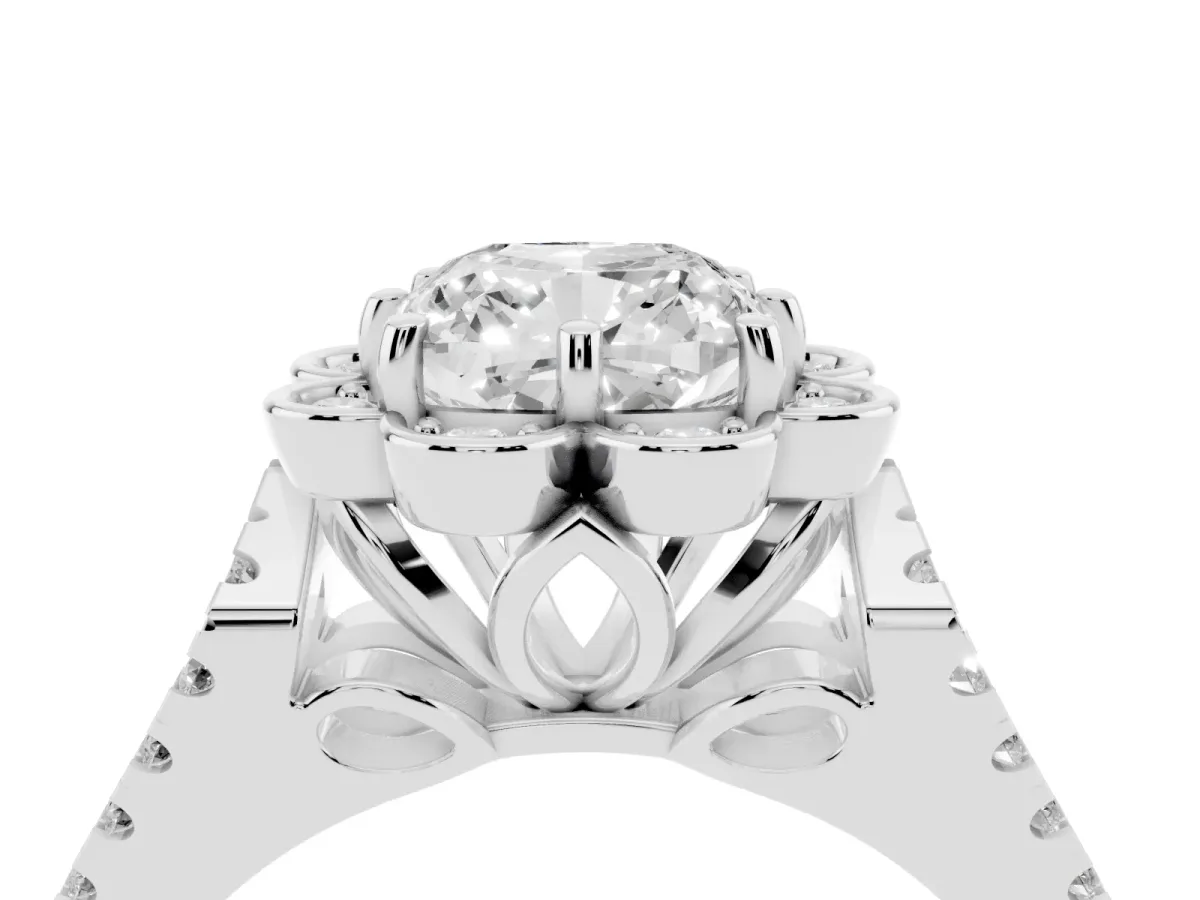 Cushion Cut Halo Diamond Floral Split Shank Engagement Ring Platinum