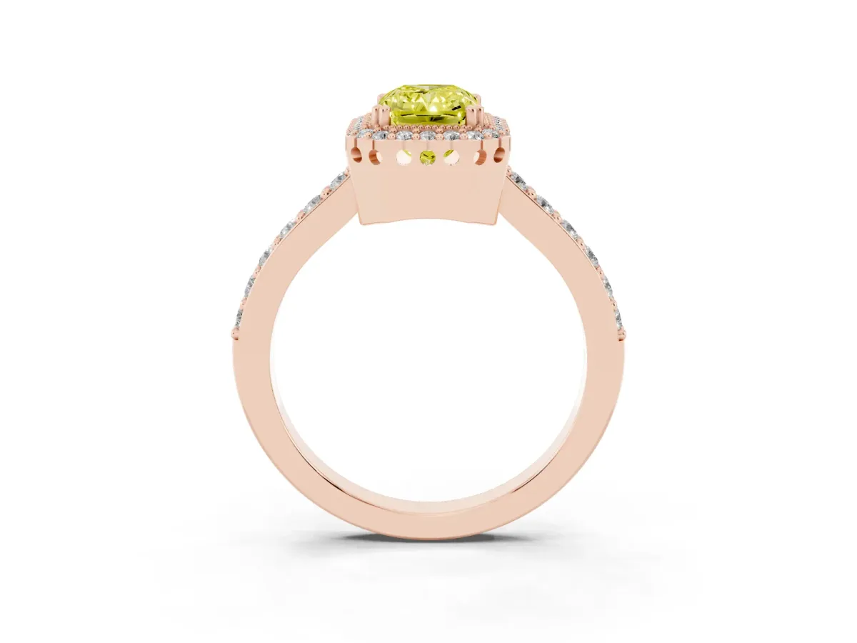 Fancy Yellow Radiant Cut Cut Diamond Halo Engagement Ring with Milgrain Detail and Pavé Band Rose gold