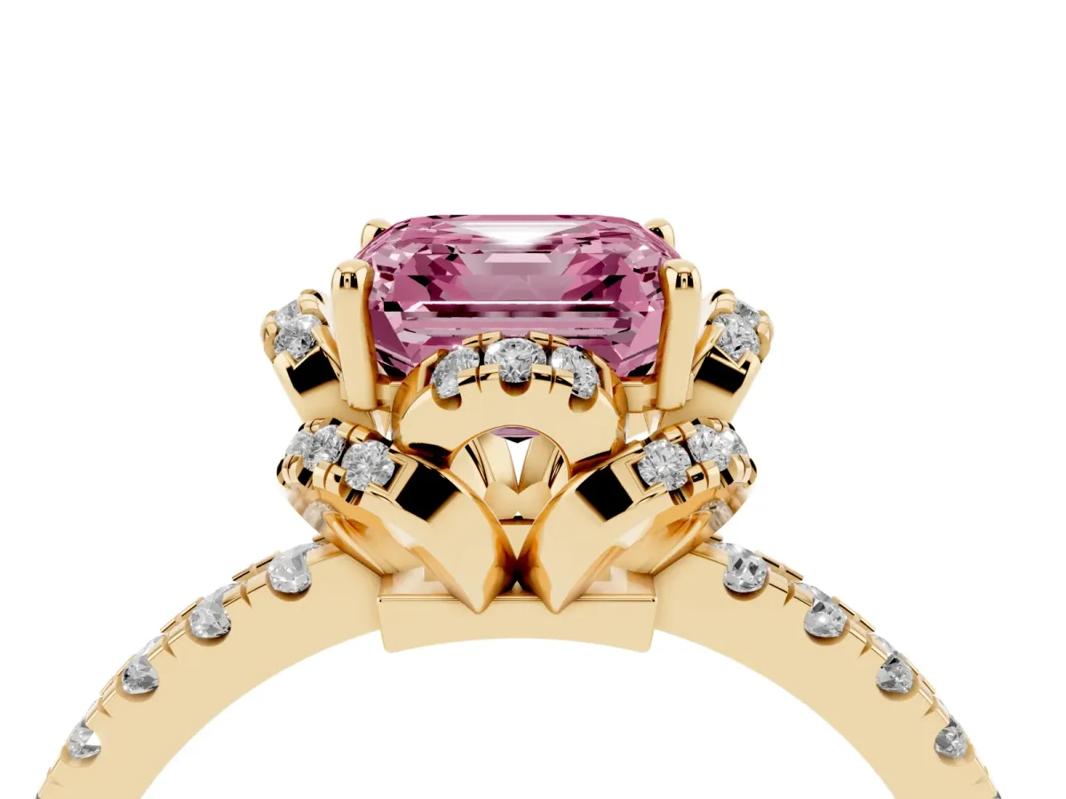 Fancy Pink Asscher Cut Halo Diamond Pave Band Ring with Four-Prong Setting Yellow gold