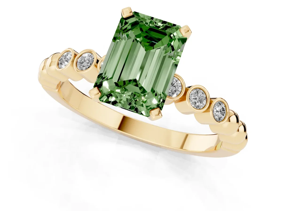 Fancy Green Emerald Cut Solitaire Bezel Accent Diamond Engagement Ring with Beaded Band and Four-Prong Setting Yellow gold