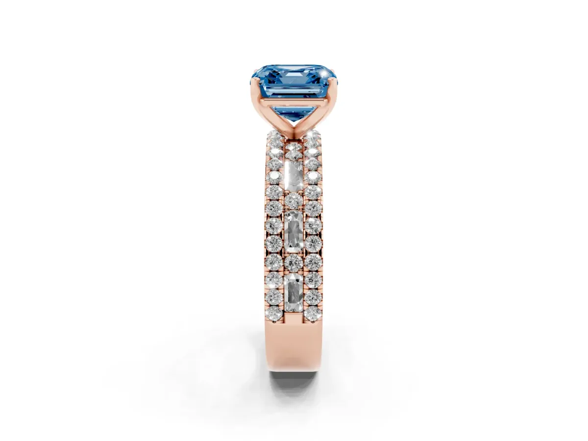 Fancy Blue Asscher Cut Diamond Solitaire Ring with Pavé and Channel Set Band Rose gold
