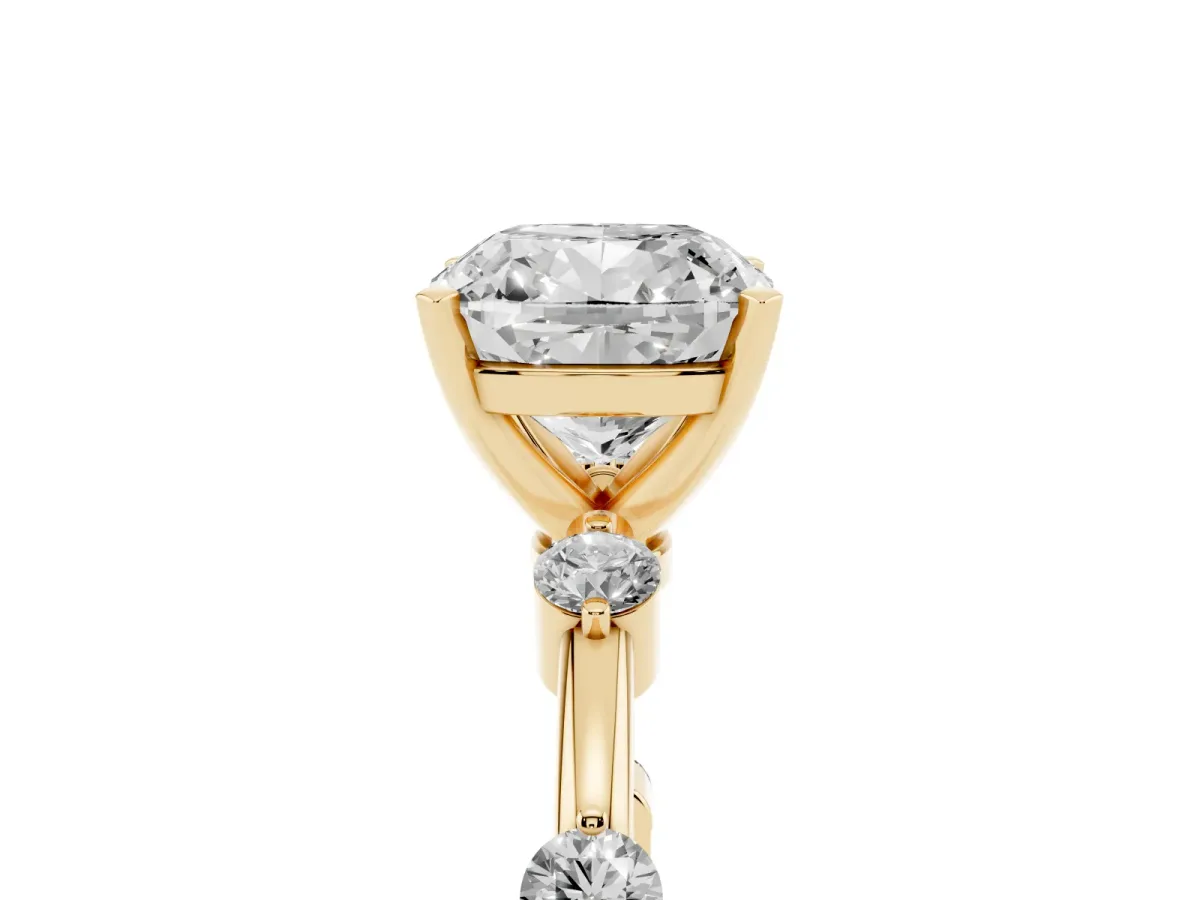 Cushion Cut Solitaire Diamond Ring with Bezel Set Side Stones and Prong Setting Yellow gold