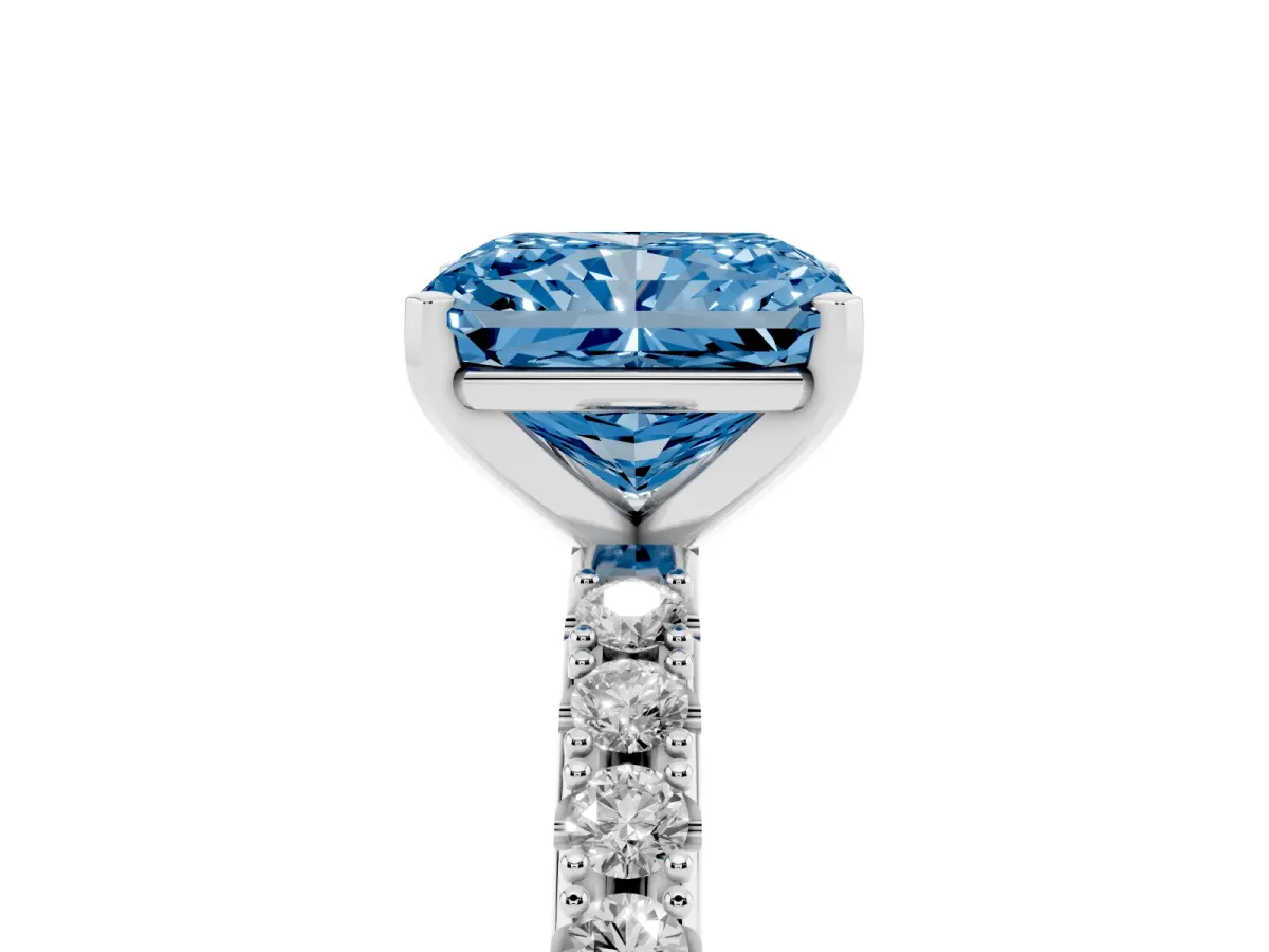 Fancy Blue Radiant Cut Diamond Solitaire Pavé Band with Four-Prong Setting Silver