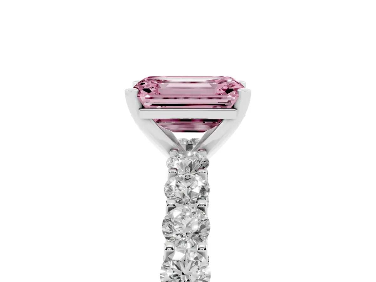 Fancy Pink Emerald Cut Diamond Solitaire Ring with Shared Prong Pavé Band and Four-Prong Setting Silver