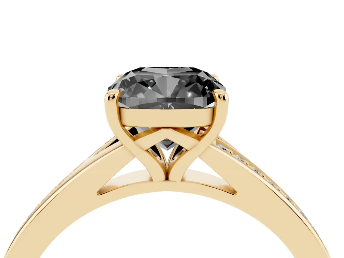 Fancy Black Cushion Cut Diamond Solitaire Ring with Pavé Band and Prong Setting Yellow gold
