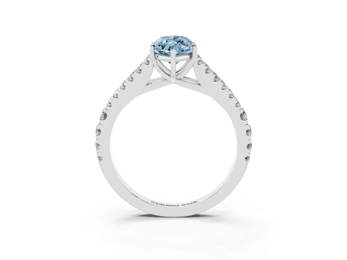 Fancy Blue Marquise Cut Diamond Split Shank Engagement Ring with Round Pavé and Prong Setting Silver