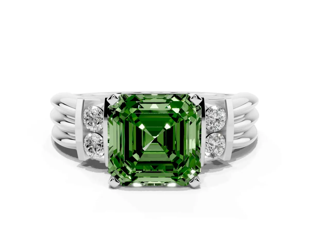 Fancy Green Asscher Cut Cut Three-Stone Channel Set Ring with Bar Prongs Silver