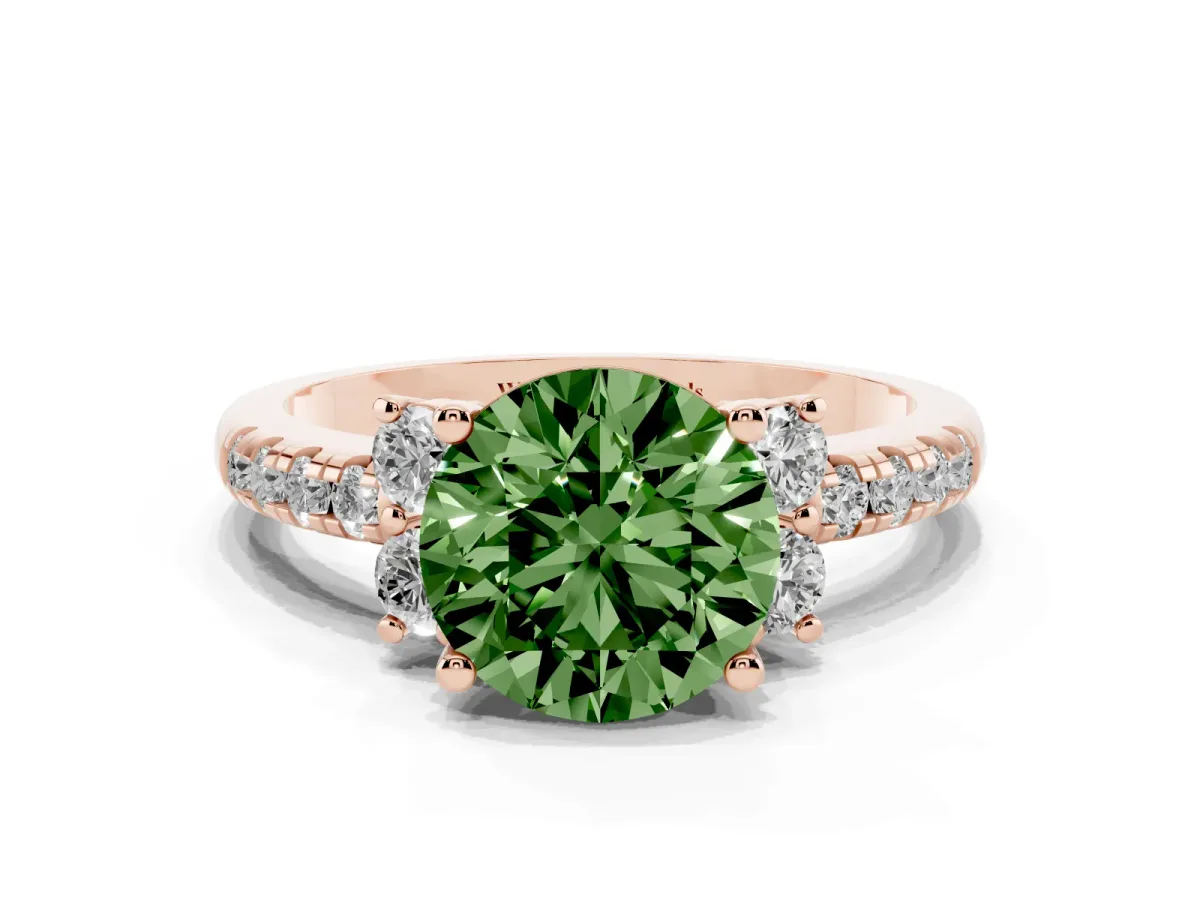 Fancy Green Round Cut Diamond Three-Stone Pave Band with Four-Prong Setting Rose gold
