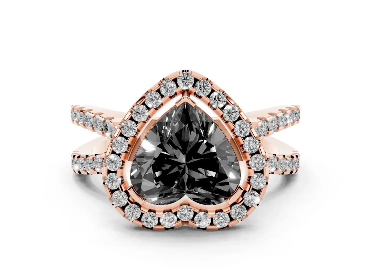 Fancy Black Heart Cut Diamond Halo Ring with Split Shank Pavé Band and Prong Setting Rose gold